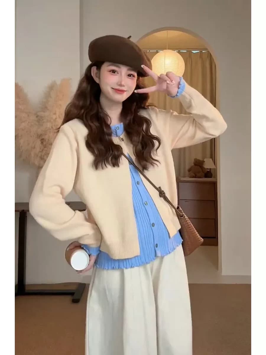 한 부서 디자인 센스 배색 페이크 레이어드 니트 오픈 가디건 여성 가을 겨울 부드러운 바람 달콤함 슬림해 보이는 다용도 스웨터 코트 이미지 4