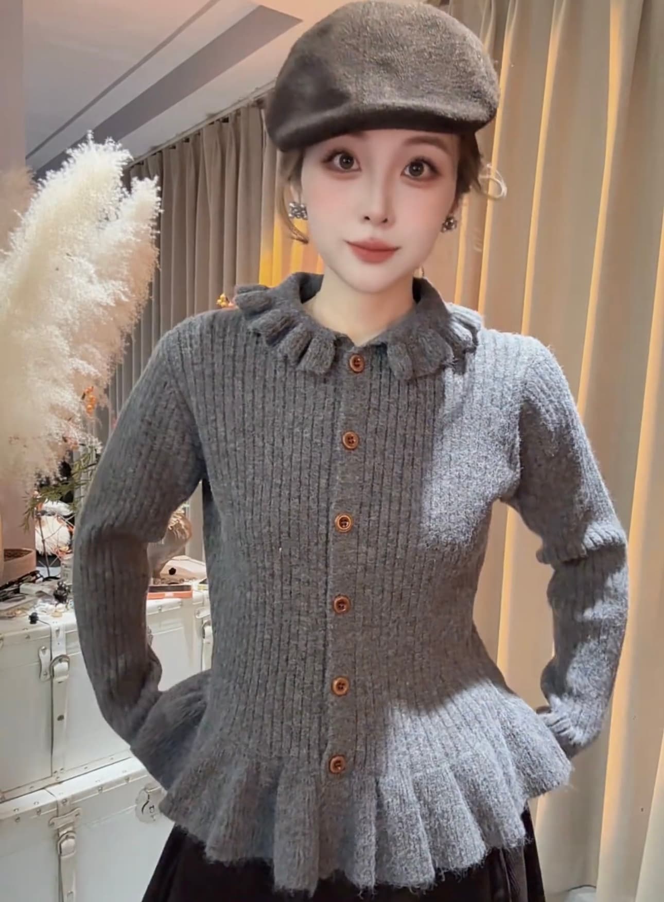 부드러운 한 부서 바람 프릴 베이비 칼라 스웨터 여자 가을 겨울 새로운 패션 디자인 센스 외국 가스 연령 감소 작은 셔츠 트렌디