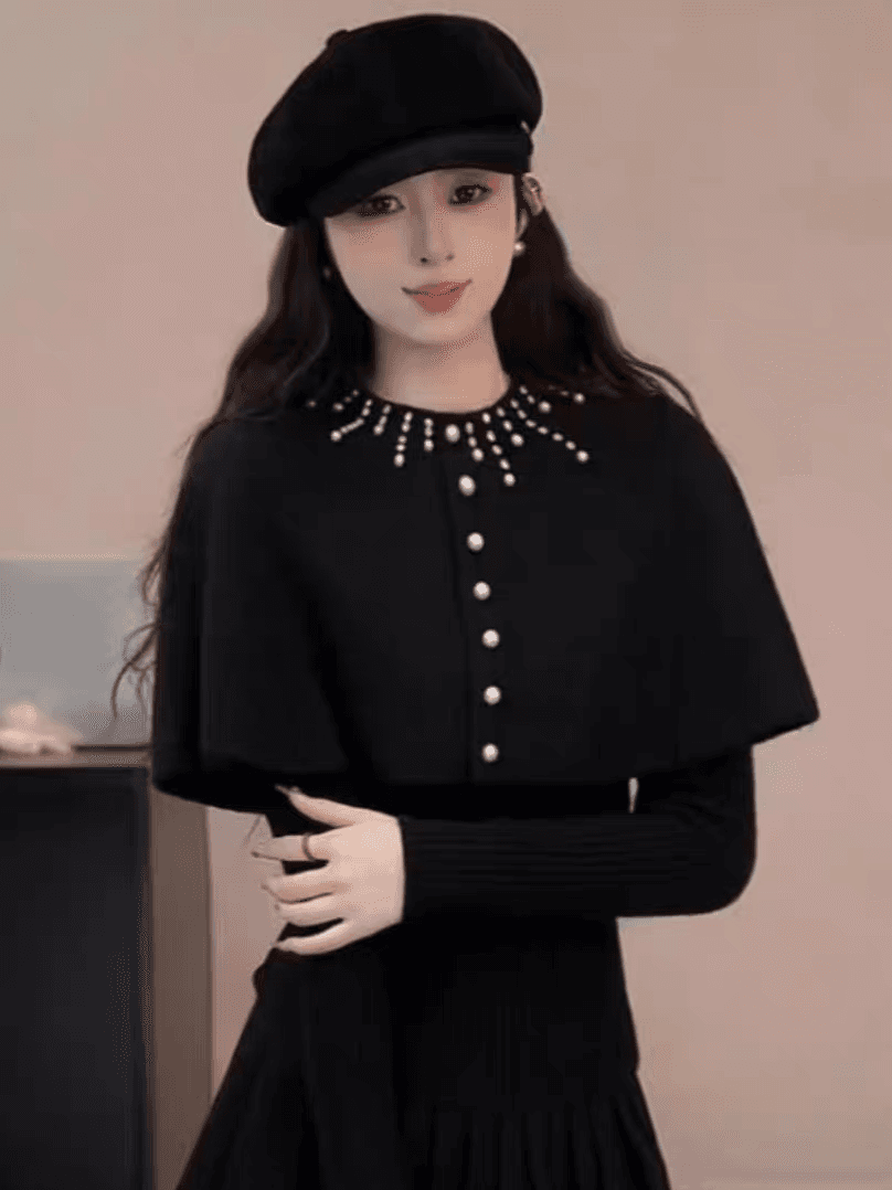 한 부서 천 금빛 바람 달콤함 비즈 박기 라운드 넥 다용도 니트 망토 슬림해 보이는 연령 감소 외국 가스 니트 스웨터 투피스 세트 이미지 3