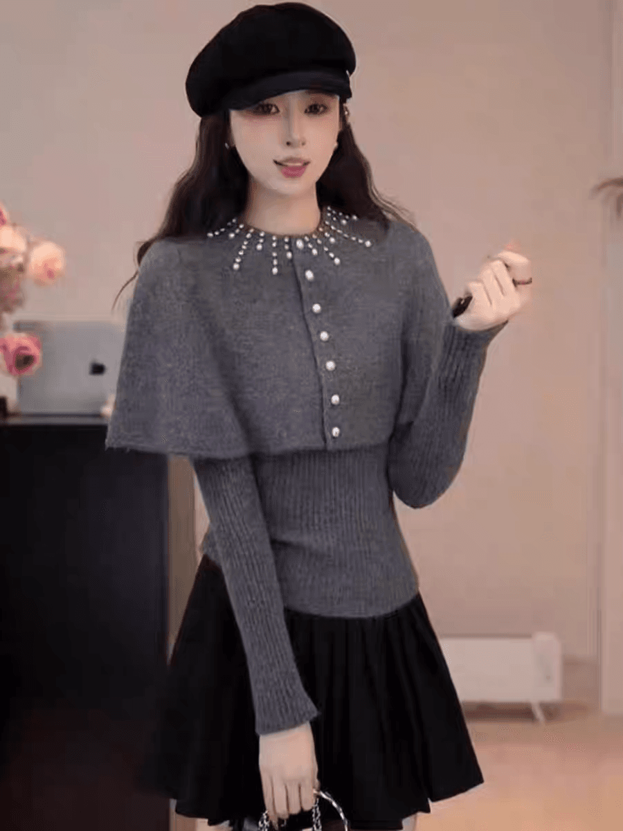 한 부서 천 금빛 바람 달콤함 비즈 박기 라운드 넥 다용도 니트 망토 슬림해 보이는 연령 감소 외국 가스 니트 스웨터 투피스 세트 상세 이미지 1