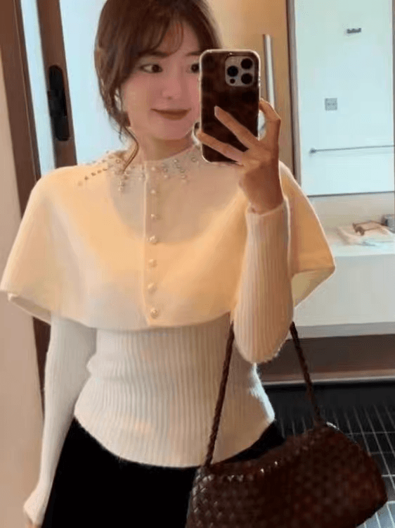 한 부서 천 금빛 바람 달콤함 비즈 박기 라운드 넥 다용도 니트 망토 슬림해 보이는 연령 감소 외국 가스 니트 스웨터 투피스 세트 상세 이미지 2