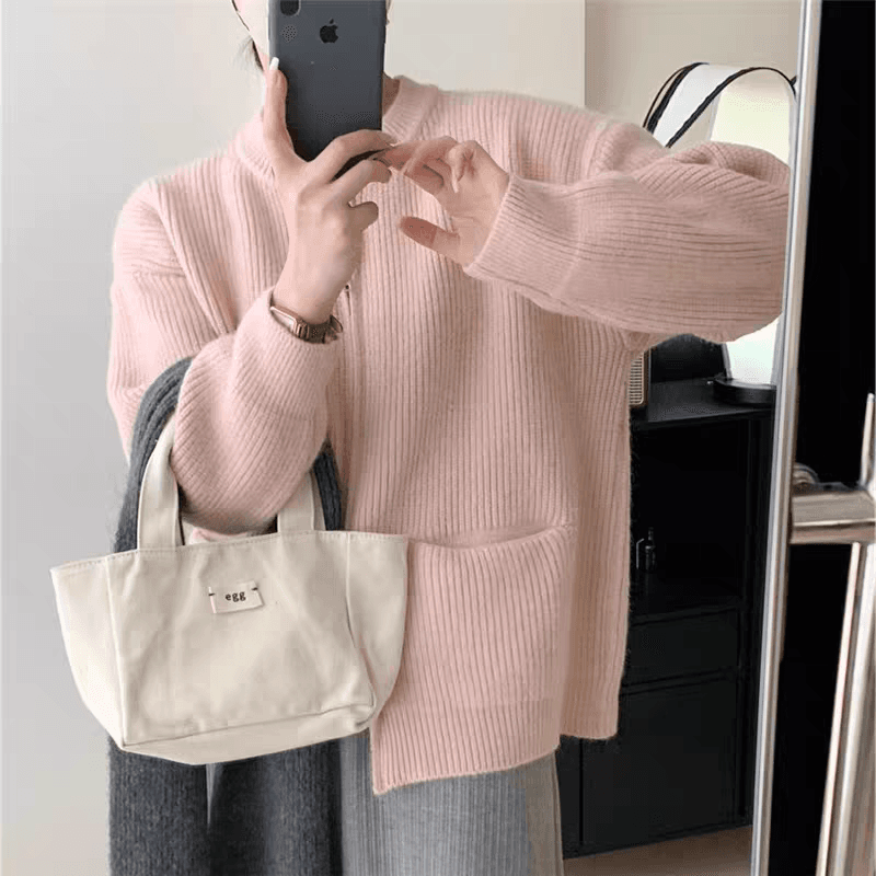 핑크색 라운드 넥 느긋한 바람 지퍼 니트 오픈 가디건 여성 의류 와이드 부드러운 찹쌀 부드러운 품격 스웨터 코트 맨위 가을