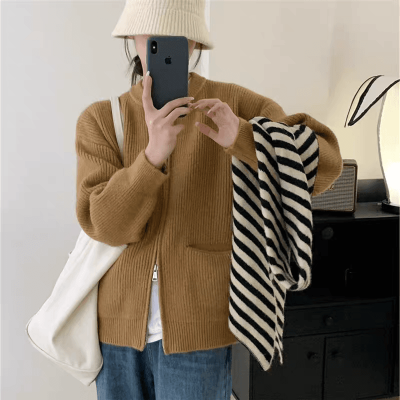 핑크색 라운드 넥 느긋한 바람 지퍼 니트 오픈 가디건 여성 의류 와이드 부드러운 찹쌀 부드러운 품격 스웨터 코트 맨위 가을 상세 이미지 1