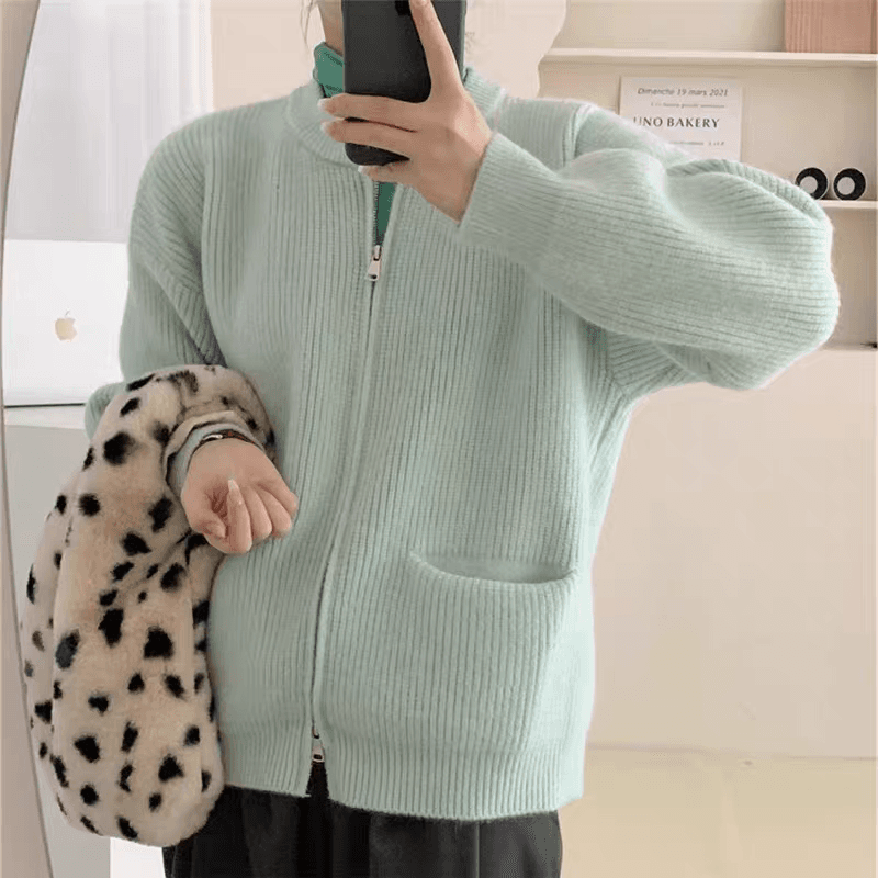 핑크색 라운드 넥 느긋한 바람 지퍼 니트 오픈 가디건 여성 의류 와이드 부드러운 찹쌀 부드러운 품격 스웨터 코트 맨위 가을 상세 이미지 2