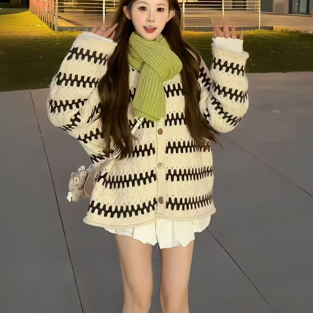 보존 섹션 추천 느긋한 바람 레트로 물결무늬 스트라이프 라운드 넥 스웨터 오픈 가디건 여성 겨울 루즈핏 니트 재킷 이미지 3