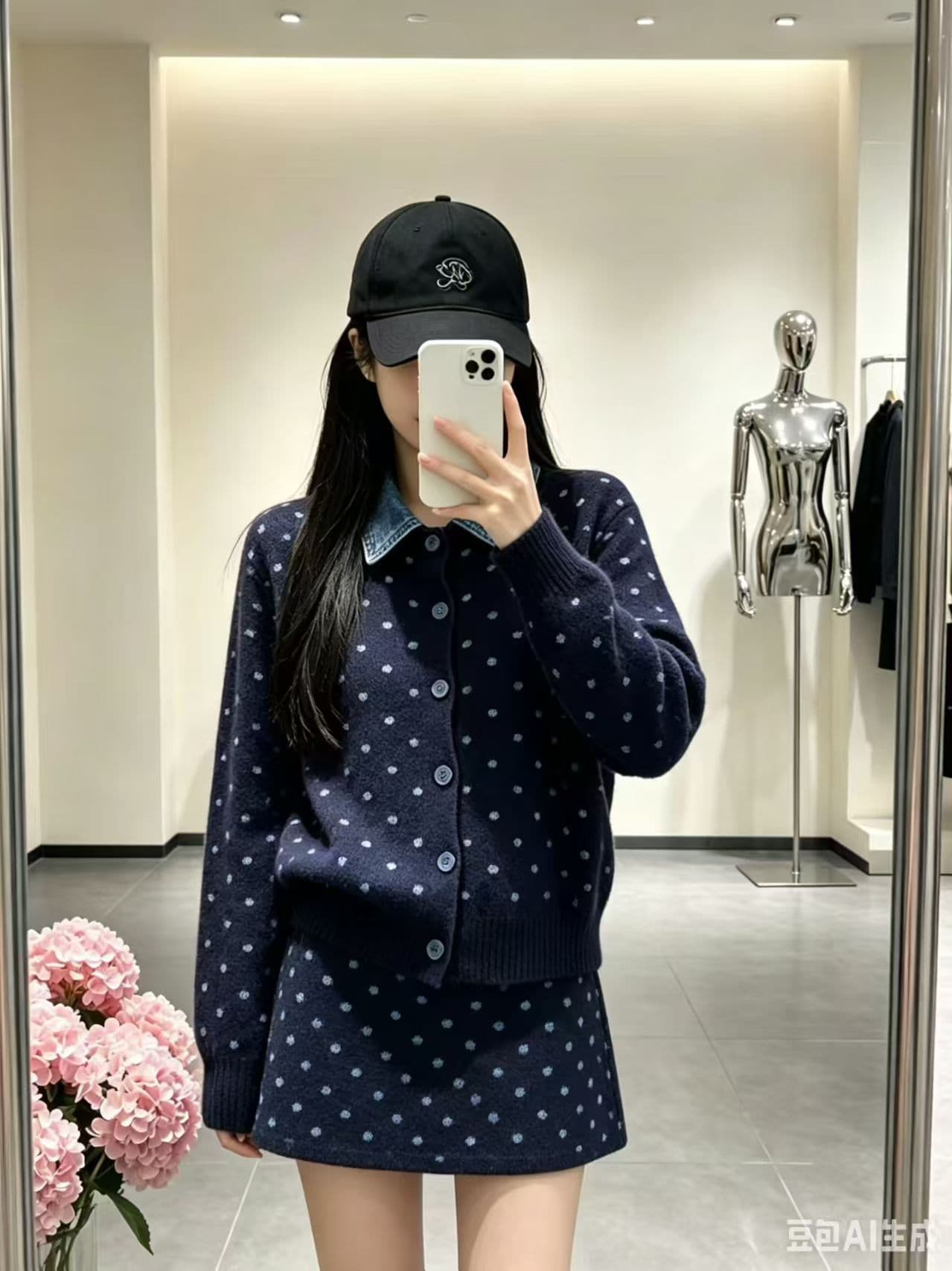 프랑스식 도트 무늬 투피스 세트 데님 패치워크 POLO 칼라 니트 스웨터 부드러운 찹쌀 연령 감소 스웨터 코트 가을 겨울철 새로운 상세 이미지 2
