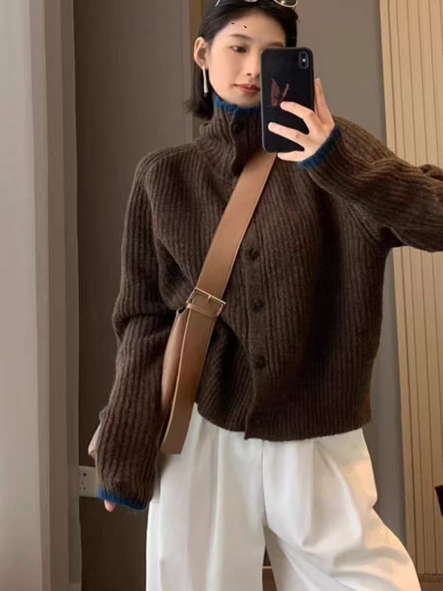 레트로 느긋한 바람 루즈핏 슬림해 보이는 터틀넥 스웨터 여자 배색 작은 디자인 슈퍼 잘 생긴 니트 오픈 가디건 가을 겨울 재킷 이미지 2
