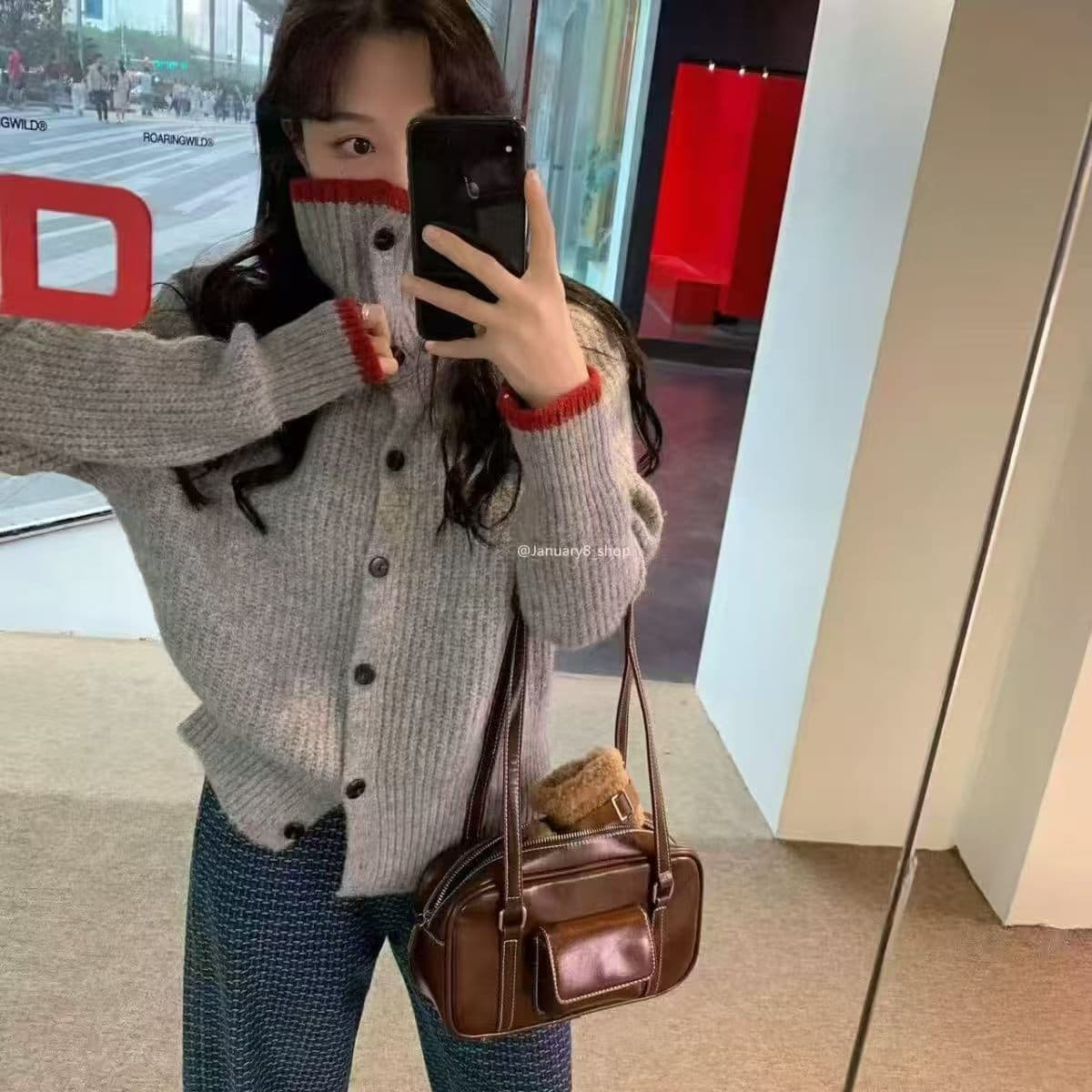 레트로 느긋한 바람 루즈핏 슬림해 보이는 터틀넥 스웨터 여자 배색 작은 디자인 슈퍼 잘 생긴 니트 오픈 가디건 가을 겨울 재킷 상세 이미지 1