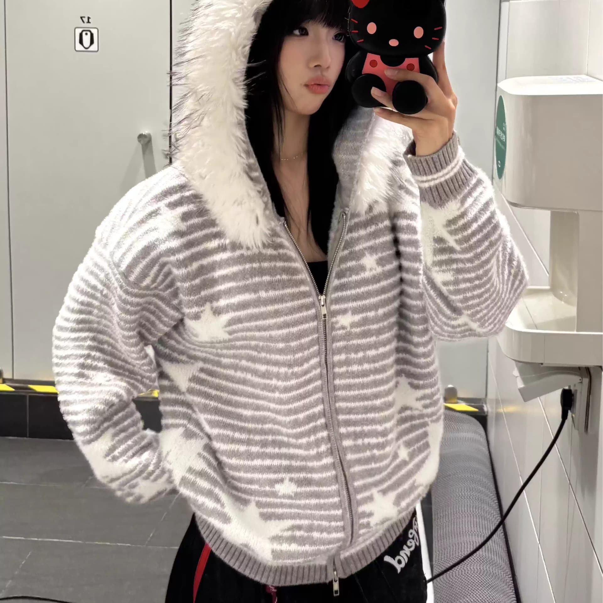 아메리칸 레트로 스트라이프 별 큰 모피 칼라 털이 있는 후드 스웨터 두꺼움 여성 코트 오픈 가디건 가을 겨울