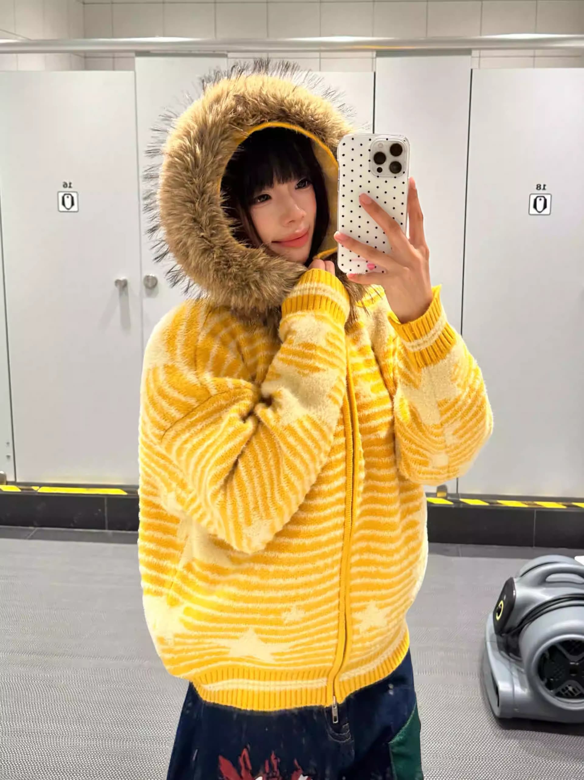아메리칸 레트로 스트라이프 별 큰 모피 칼라 털이 있는 후드 스웨터 두꺼움 여성 코트 오픈 가디건 가을 겨울 이미지 3