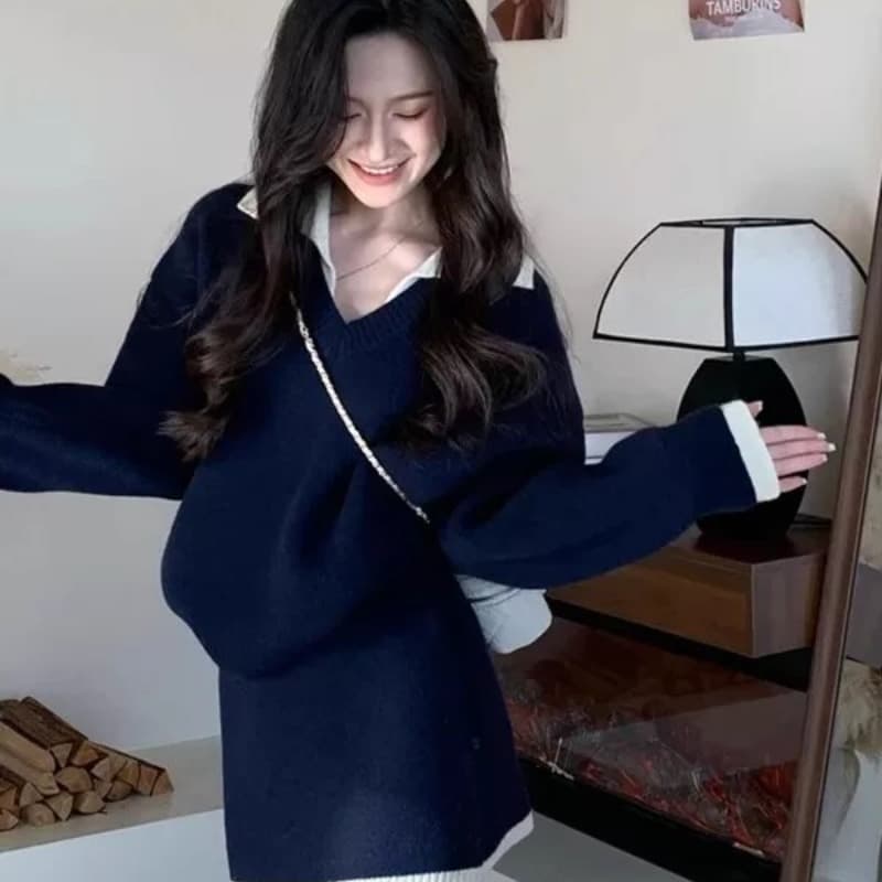 크리스마스 분위기 센스 신년 착용 가져 가라. 빨간색 스웨터 세트 여성 가을 겨울 루즈핏 느긋한 니트 스웨터 미니 스커트 투피스 세트 상세 이미지 4