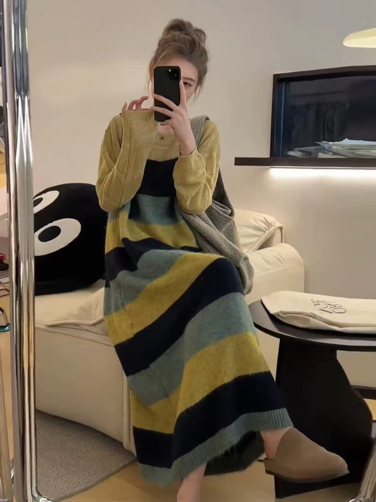 가을 망 메시지 한국 스타일 배색 스트라이프 캐주얼 니트 멜빵 스커트 상세 이미지 1
