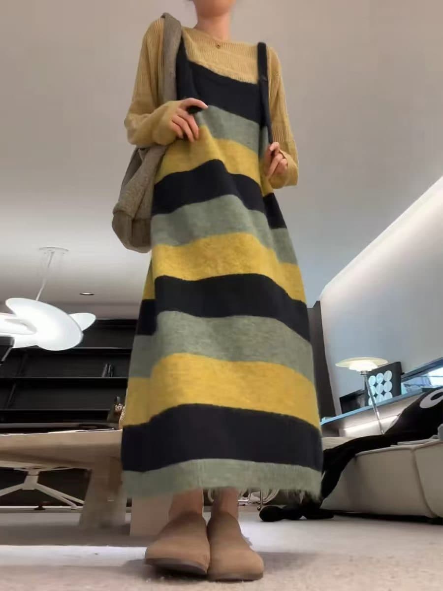가을 망 메시지 한국 스타일 배색 스트라이프 캐주얼 니트 멜빵 스커트 상세 이미지 2