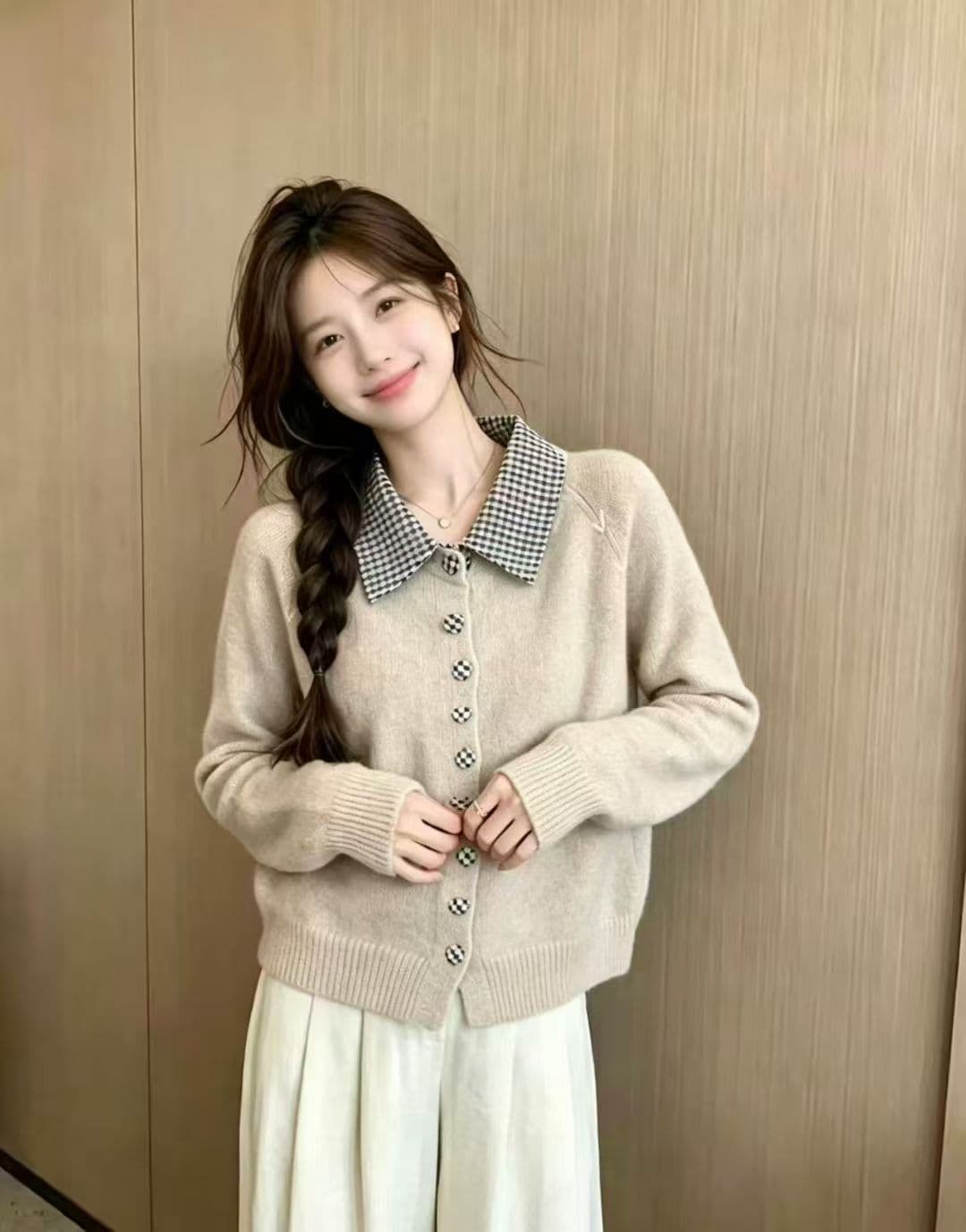 배색 체크무늬 폴로 칼라 니트 오픈 가디건 작은 키 쇼트 스타일 스웨터 여성 코트 가을