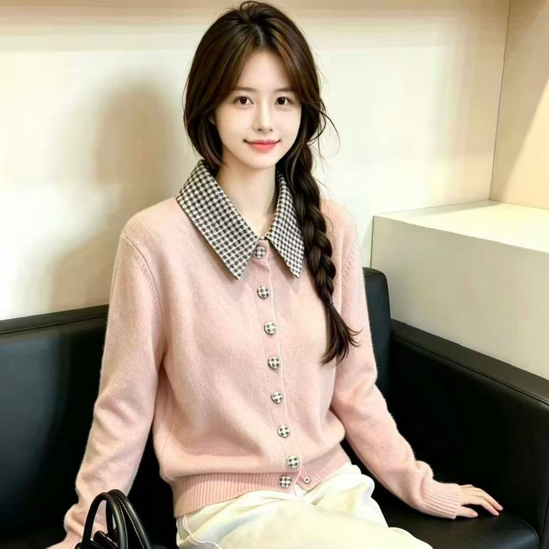 배색 체크무늬 폴로 칼라 니트 오픈 가디건 작은 키 쇼트 스타일 스웨터 여성 코트 가을 상세 이미지 2