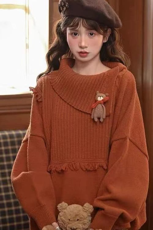 느긋한 바람 가을 겨울 귀여운 작은 곰 디자인 센스 빅 사이즈 니트 스웨터 여성 2026 새로운 루즈핏 풀오버 맨위 상세 이미지 3