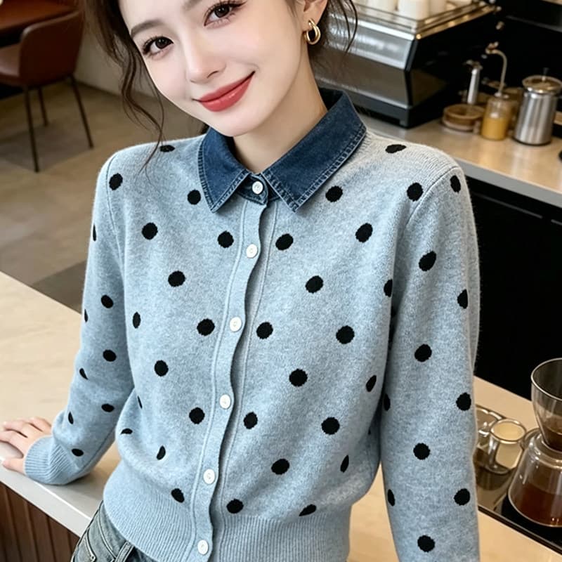 프랑스식 도트 무늬 페이크 레이어드 데님 패치워크 POLO 칼라 니트 스웨터 여성 2026 가을 겨울 새로운 몸매 가꾸기 다용도 맨위 이미지 5