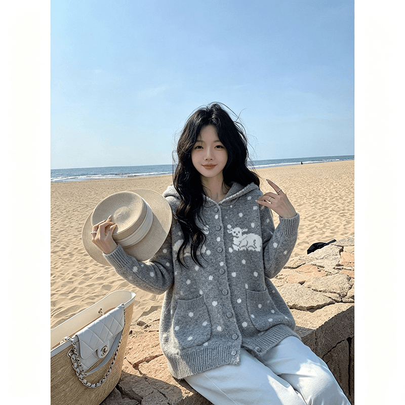 한 부서 어린 양 도트 무늬 후드 니트 오픈 가디건 여성 가을 겨울 와이드 부드러운 찹쌀 느긋한 바람 주머니 스웨터 코트 상세 이미지 3