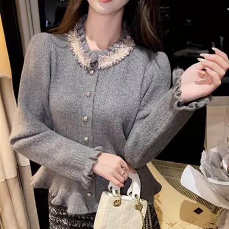프랑스식 작은 샤넬 스타일 라운드 넥 패치워크 프릴 니트 여성 코트 가을 겨울 새로운 천 금빛 바람 연령 감소 스웨터 오픈 가디건 이미지 4