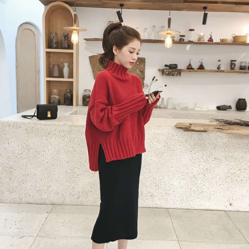 가을 겨울 반하이넥 거품 소매 카디건 여성 단색 루즈핏 슬림해 보이는 루즈핏 풀오버 긴팔 스웨터 니트 만나는 이미지 2