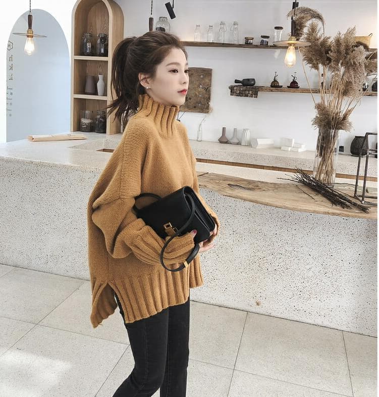 가을 겨울 반하이넥 거품 소매 카디건 여성 단색 루즈핏 슬림해 보이는 루즈핏 풀오버 긴팔 스웨터 니트 만나는 이미지 3