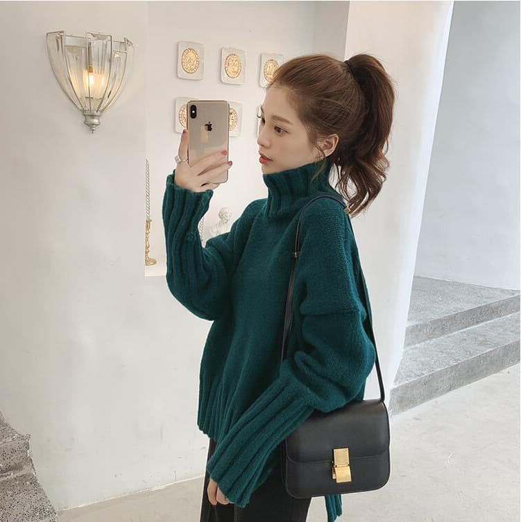 가을 겨울 반하이넥 거품 소매 카디건 여성 단색 루즈핏 슬림해 보이는 루즈핏 풀오버 긴팔 스웨터 니트 만나는 이미지 4
