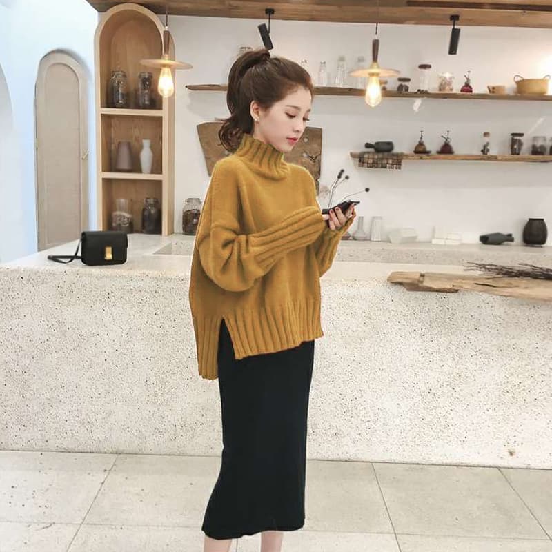 가을 겨울 반하이넥 거품 소매 카디건 여성 단색 루즈핏 슬림해 보이는 루즈핏 풀오버 긴팔 스웨터 니트 만나는 이미지 5