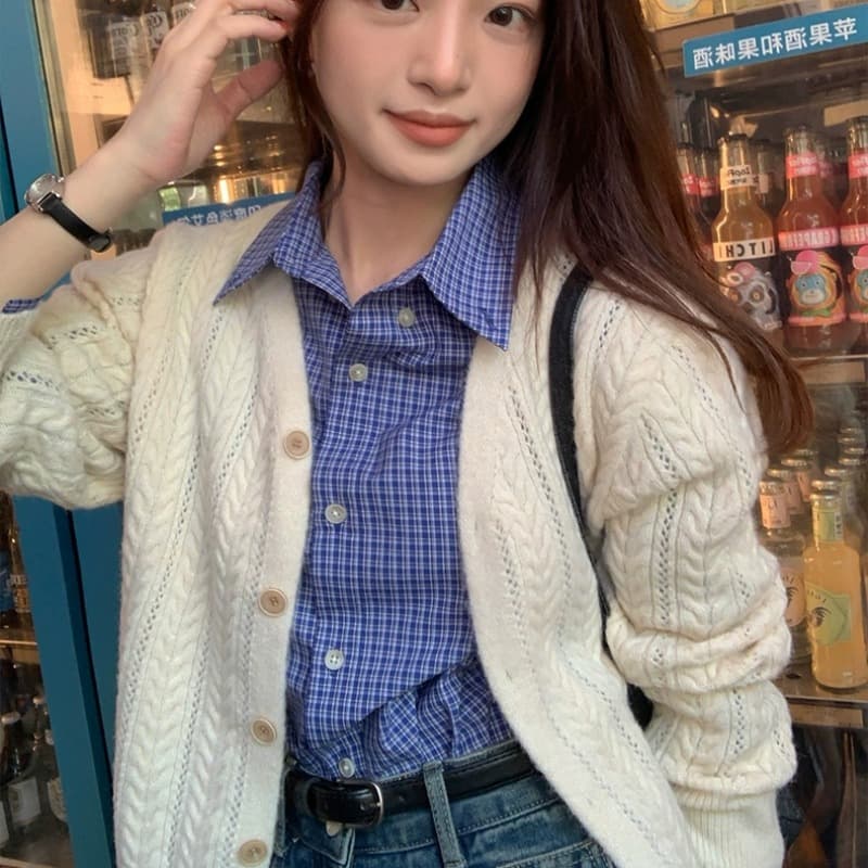 시실리 앤 가을의 날 기록 홀로우 아웃 질감 니트 오픈 가디건 여성 가을 작은 키 느긋한 꽈배기 스웨터 코트 상세 이미지 2