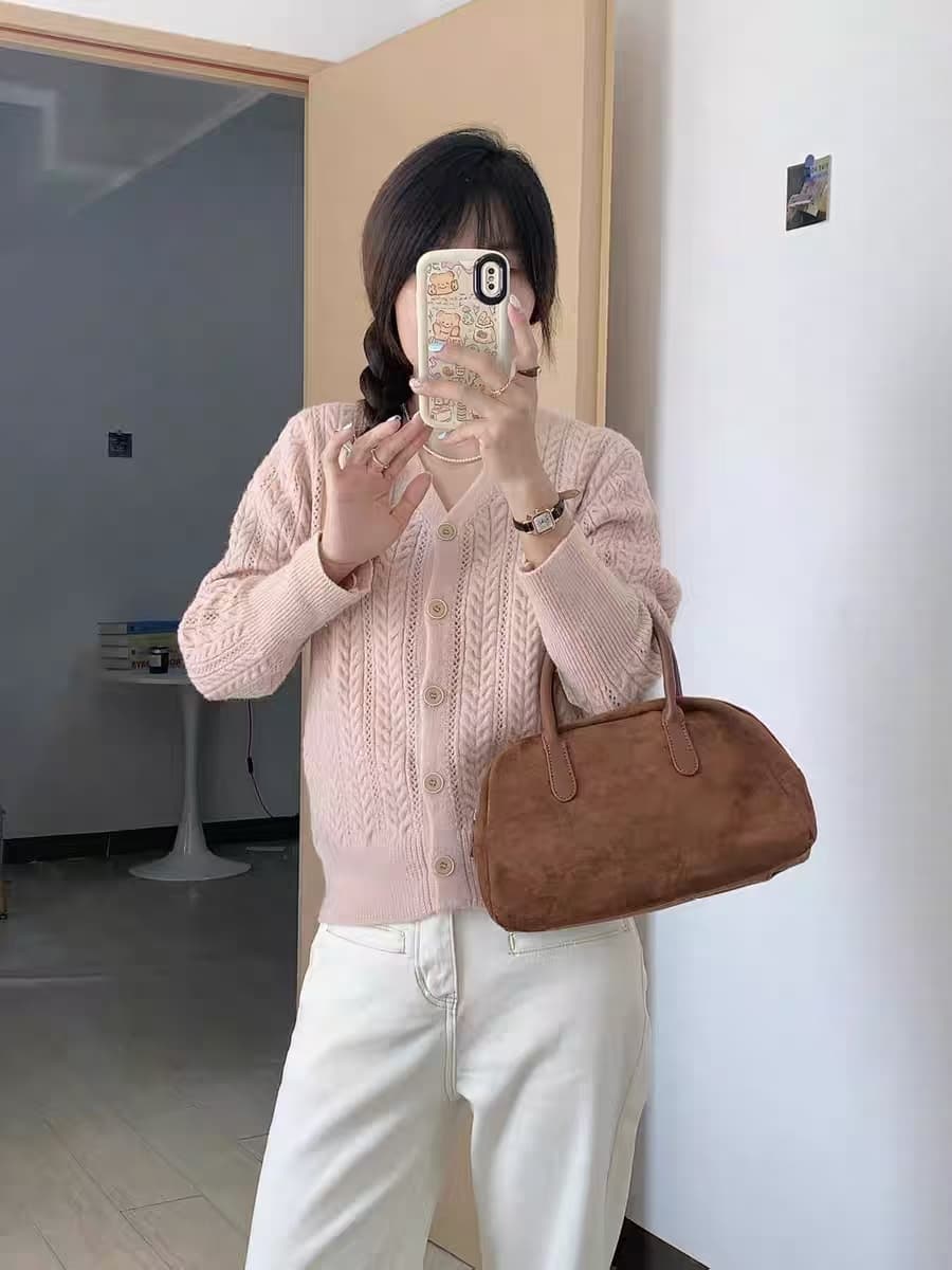 시실리 앤 가을의 날 기록 홀로우 아웃 질감 니트 오픈 가디건 여성 가을 작은 키 느긋한 꽈배기 스웨터 코트 상세 이미지 4