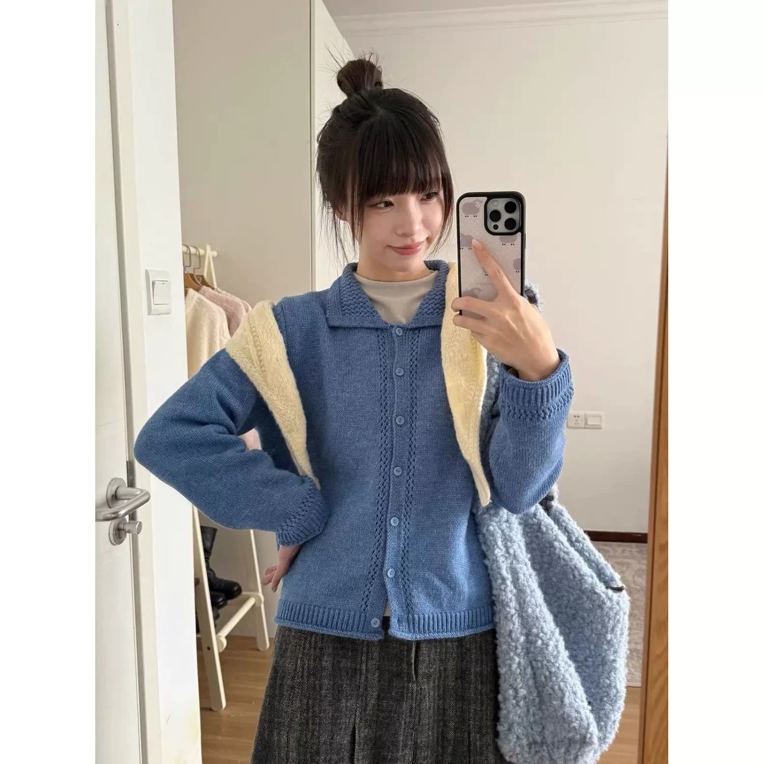 일본식 품격 부드러운 바람 다용도 폴로 칼라 스웨터 코트 캐주얼 작은 대중 홀로우 아웃 출퇴근 니트 스웨터 고급 절묘한 이미지 3