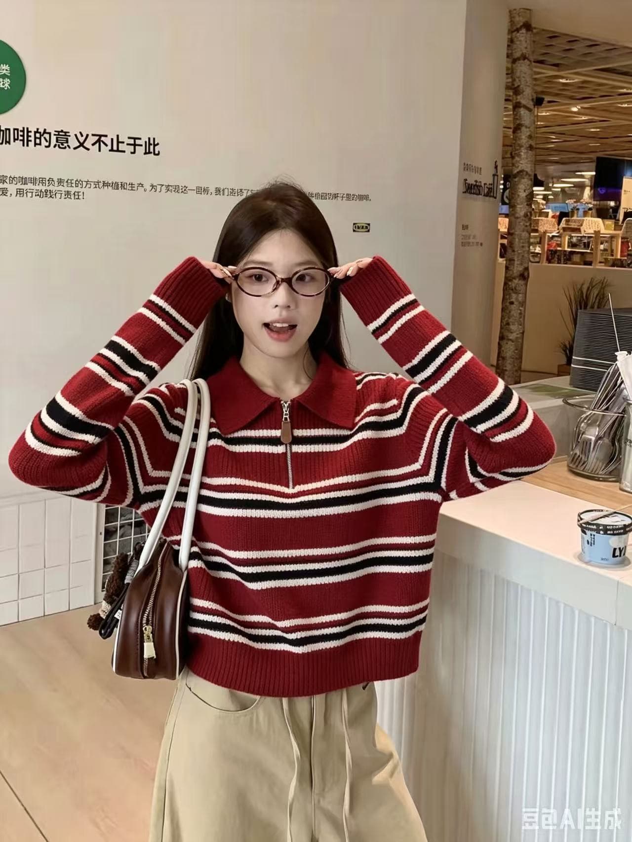하프 지퍼 POLO 칼라 스트라이프 니트 스웨터 여성 가을 쇼트 스타일 작은 키 레트로 배색 스트라이프 스웨터 맨위