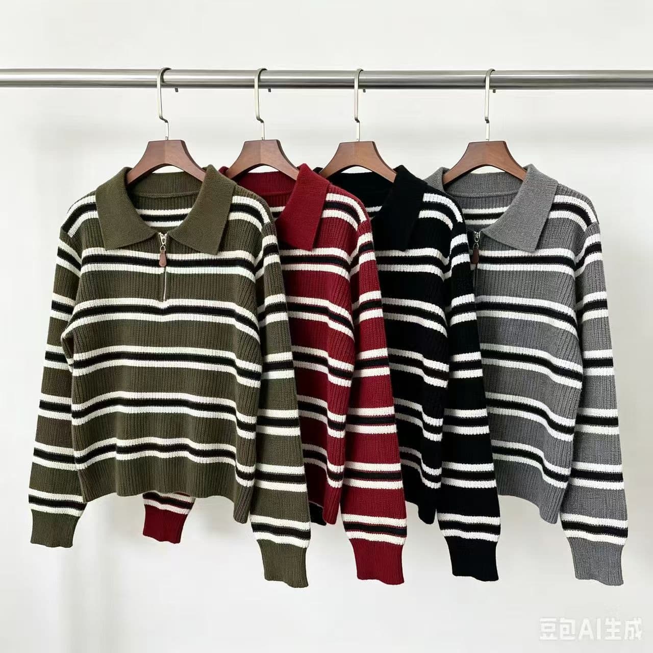 하프 지퍼 POLO 칼라 스트라이프 니트 스웨터 여성 가을 쇼트 스타일 작은 키 레트로 배색 스트라이프 스웨터 맨위 이미지 5