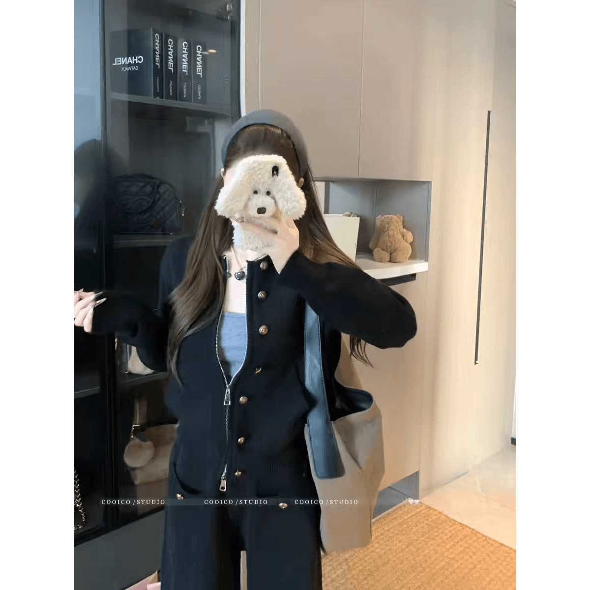 한 부서 폭발 캐주얼 느긋한 니트 오픈 가디건 지퍼 세트 재킷 품격 패션 투피스 세트 와이드 레그 팬츠 니트 이미지 5