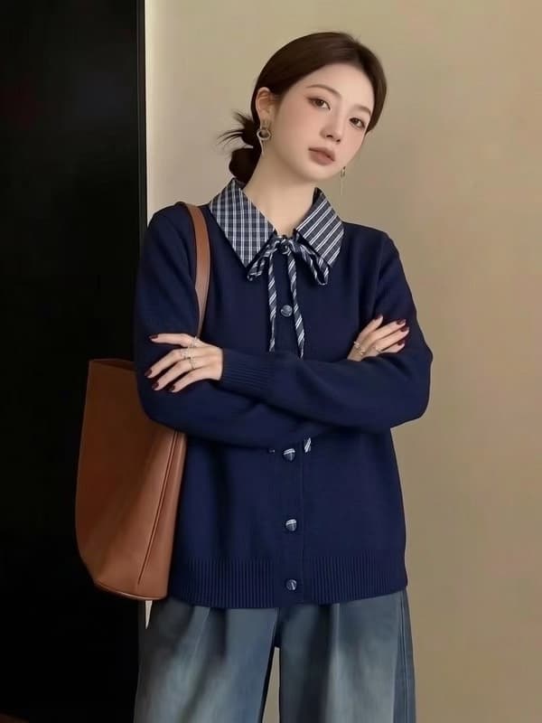 고급 디자인 센스 체크무늬 패치워크 POLO 칼라 레이스업 긴팔 여성 한 부서 3 차원 단추 니트 스웨터 재킷 맨위 상세 이미지 1
