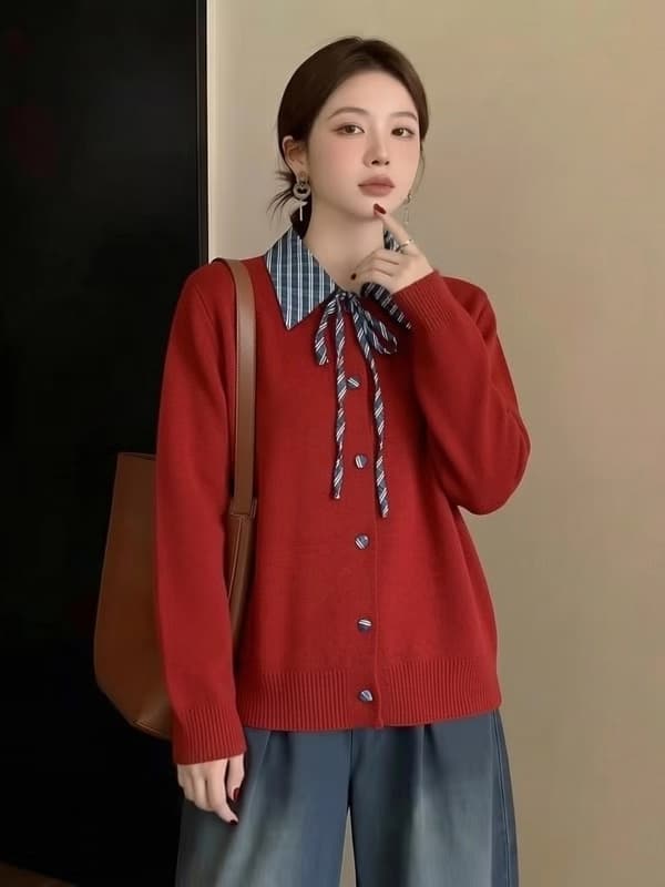 고급 디자인 센스 체크무늬 패치워크 POLO 칼라 레이스업 긴팔 여성 한 부서 3 차원 단추 니트 스웨터 재킷 맨위 상세 이미지 2