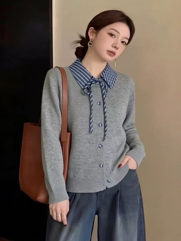 고급 디자인 센스 체크무늬 패치워크 POLO 칼라 레이스업 긴팔 여성 한 부서 3 차원 단추 니트 스웨터 재킷 맨위 상세 이미지 4