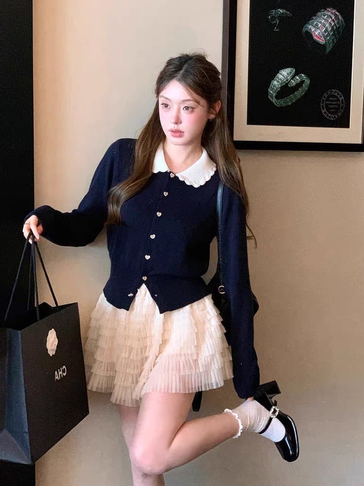 한 부서 배색 베이비 칼라 니트 오픈 가디건 여성 봄 가을 겨울 인사이드 가져 가라. 2026 새로운 꽃잎 디자인 센스 긴팔 맨위