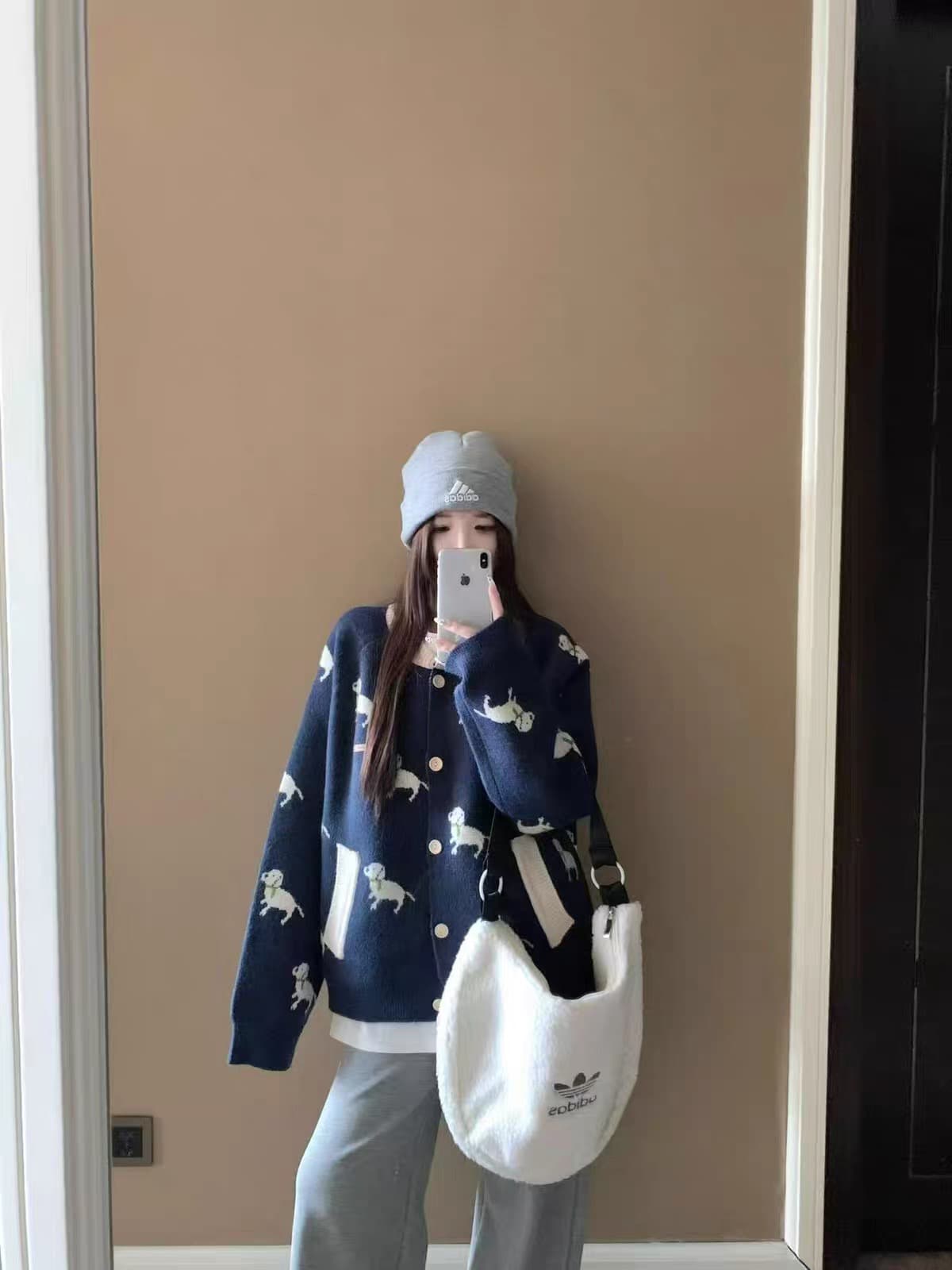 한 부서 해군 라운드 넥 강아지 자카드 긴팔 니트 오픈 가디건 스웨터 여자 가을 겨울 재킷 지퍼 느긋한 센스 맨위 이미지 4