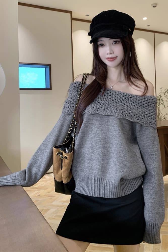 자이언트 잘 생긴 ~ 중 빛 요리 한 프랑스식 홀로우 아웃 오프숄더 스웨터 여자 새로운 느긋한 바람 두꺼운 오프숄더 니트 스웨터 맨위