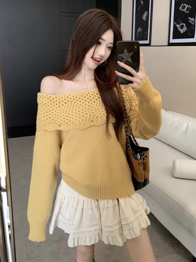 자이언트 잘 생긴 ~ 중 빛 요리 한 프랑스식 홀로우 아웃 오프숄더 스웨터 여자 새로운 느긋한 바람 두꺼운 오프숄더 니트 스웨터 맨위 이미지 2