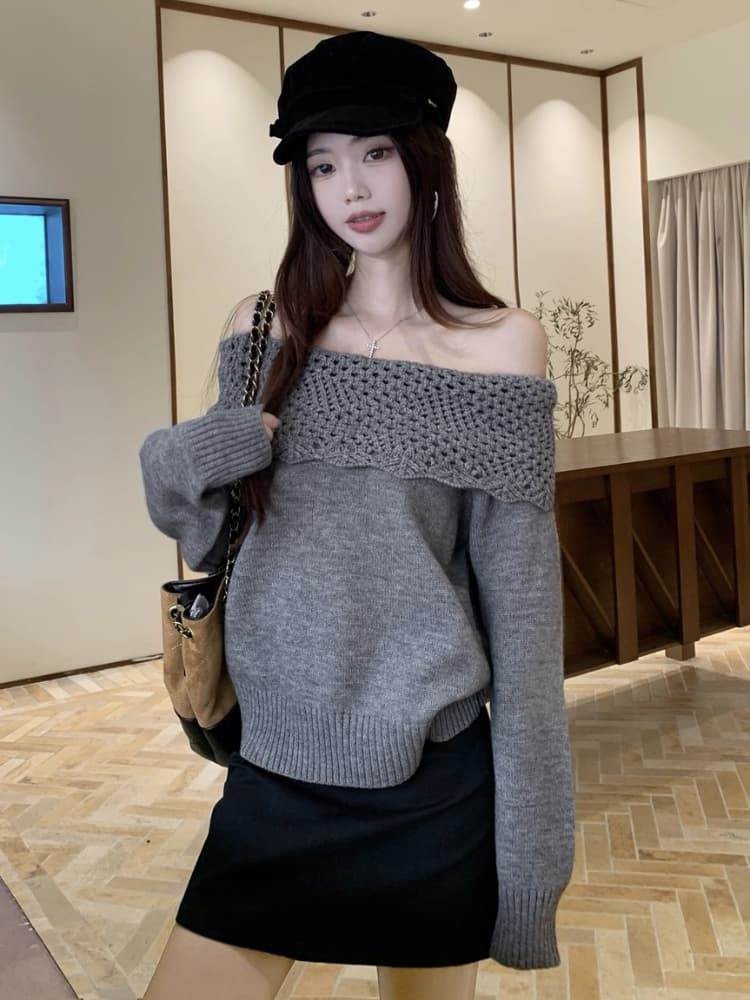 자이언트 잘 생긴 ~ 중 빛 요리 한 프랑스식 홀로우 아웃 오프숄더 스웨터 여자 새로운 느긋한 바람 두꺼운 오프숄더 니트 스웨터 맨위 이미지 3