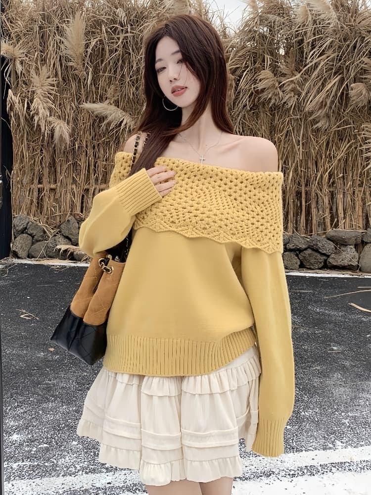 자이언트 잘 생긴 ~ 중 빛 요리 한 프랑스식 홀로우 아웃 오프숄더 스웨터 여자 새로운 느긋한 바람 두꺼운 오프숄더 니트 스웨터 맨위 이미지 4