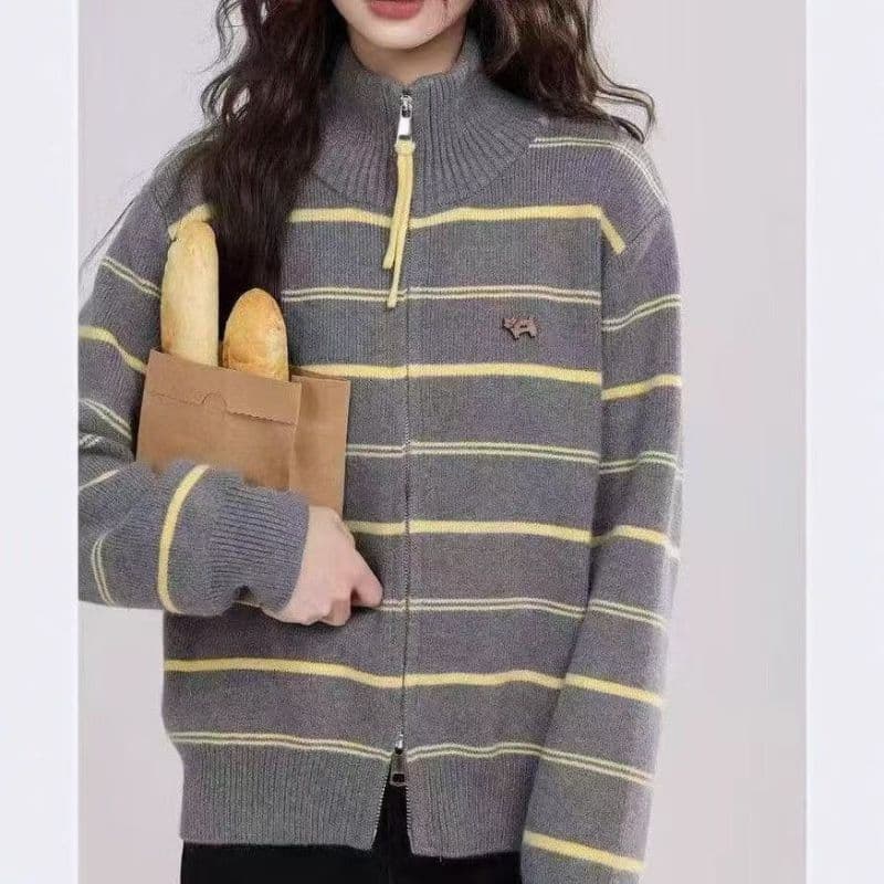 다시 레인 스트라이프 남자 여단 스트라이프 터틀넥 스웨터 여성 코트 가을 겨울철 2026 새로운 출퇴근 루즈핏 오픈 가디건 상세 이미지 3