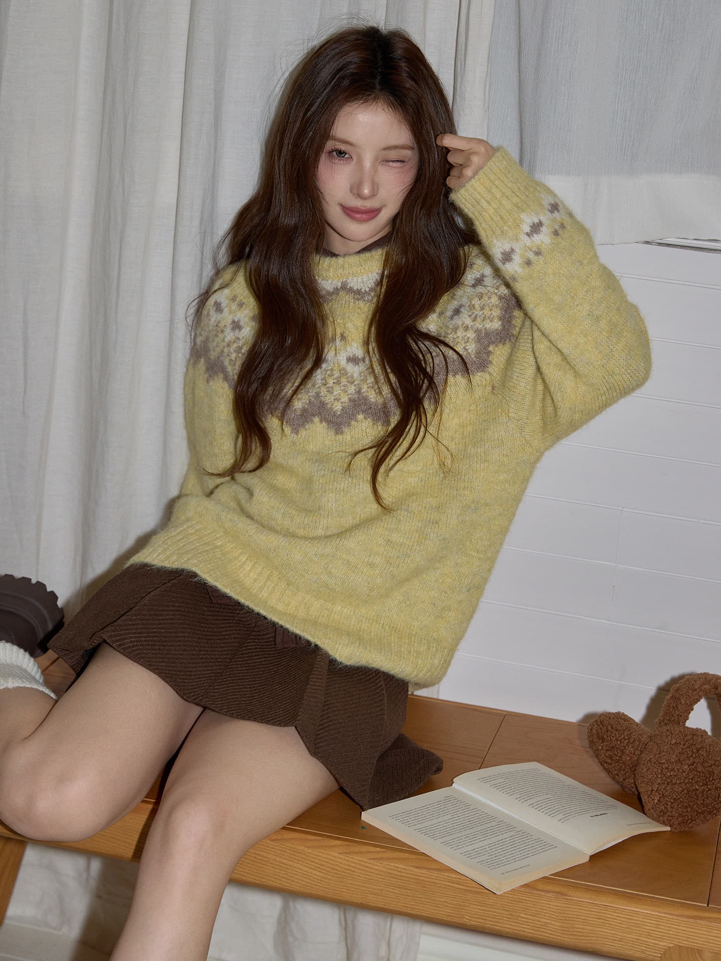 시끄러운 홈 황색 라운드 넥 스웨터 여자 가을 두꺼운 루즈핏 캐주얼 긴팔 스웨터 고급 모직물 맨위 상세 이미지 1