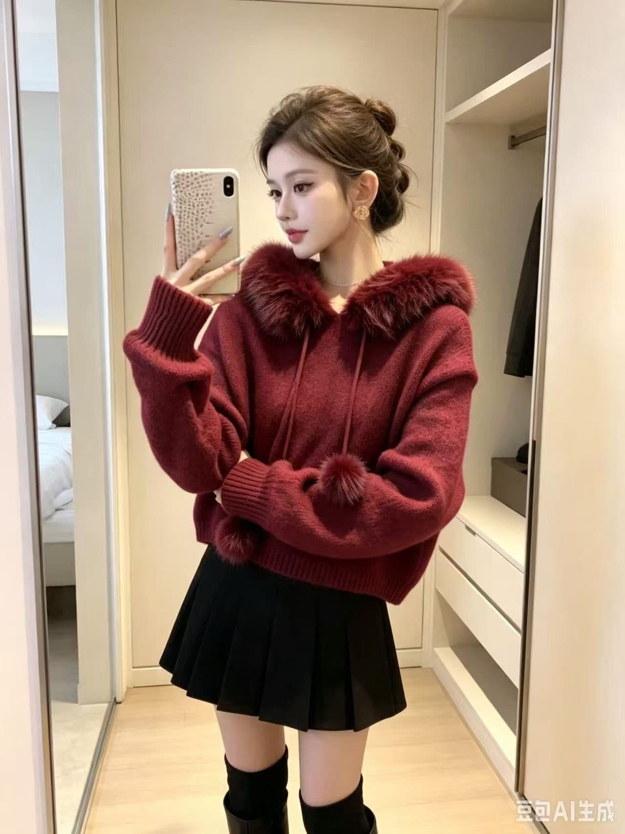 레트로 한 부서 자이언트 잘 생긴 품격 2026 가을 겨울철 새로운 커피 색상 모피 패치워크 후드 니트 스웨터 여성 의류