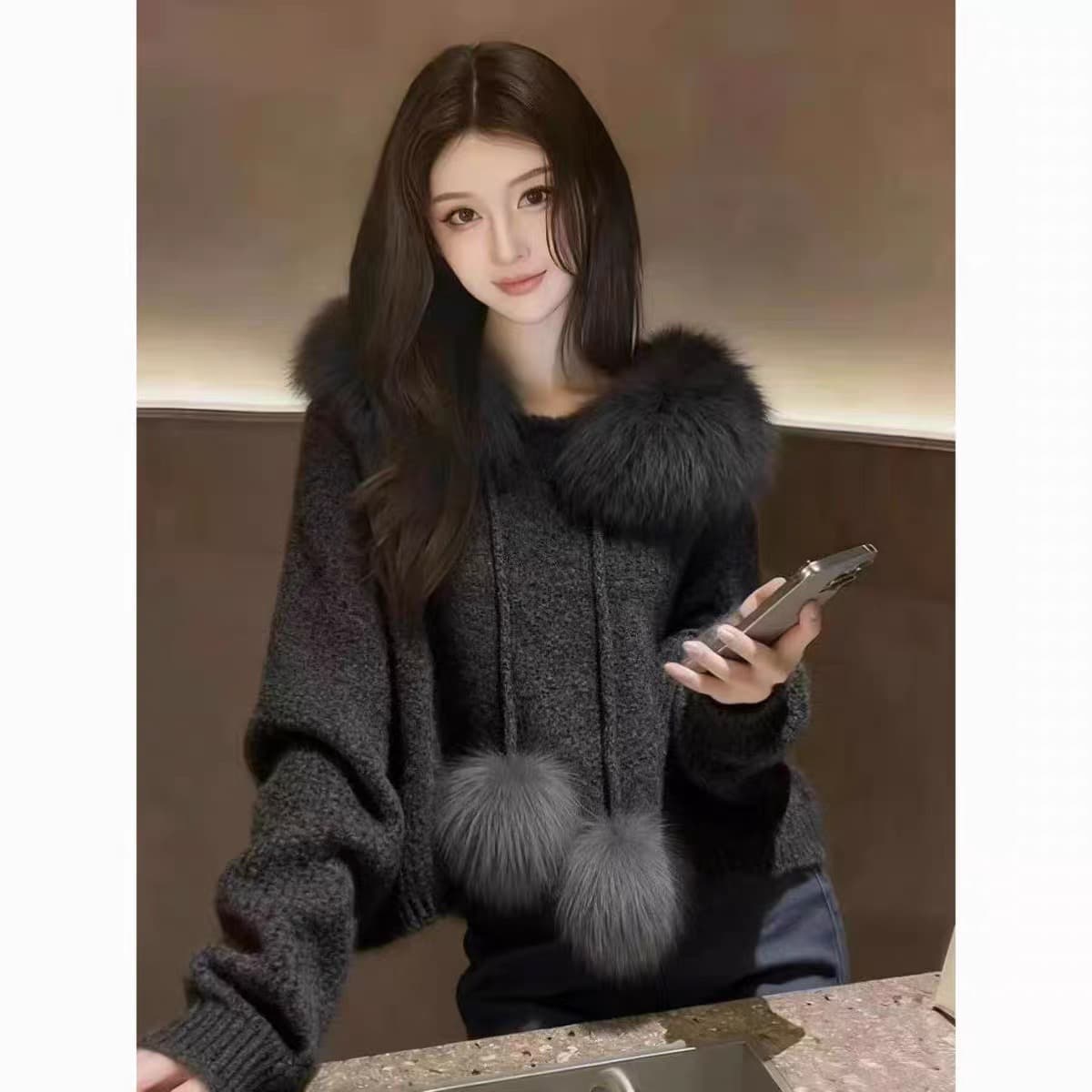 레트로 한 부서 자이언트 잘 생긴 품격 2026 가을 겨울철 새로운 커피 색상 모피 패치워크 후드 니트 스웨터 여성 의류 이미지 3