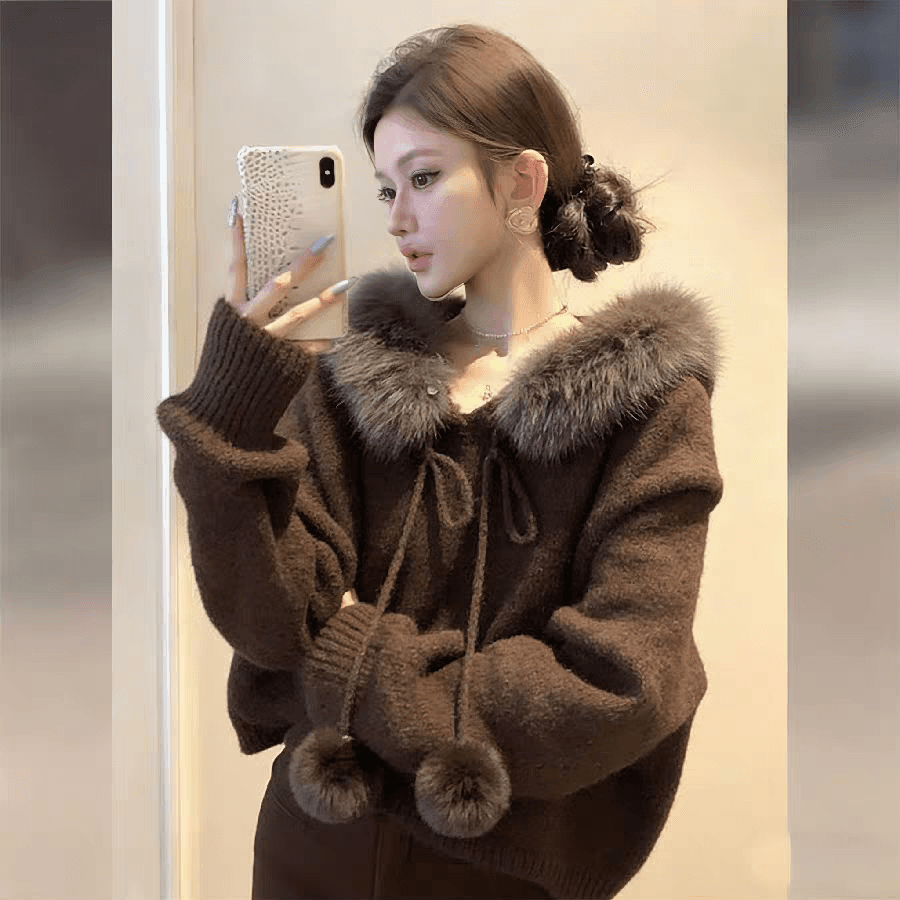 레트로 한 부서 자이언트 잘 생긴 품격 2026 가을 겨울철 새로운 커피 색상 모피 패치워크 후드 니트 스웨터 여성 의류 이미지 4