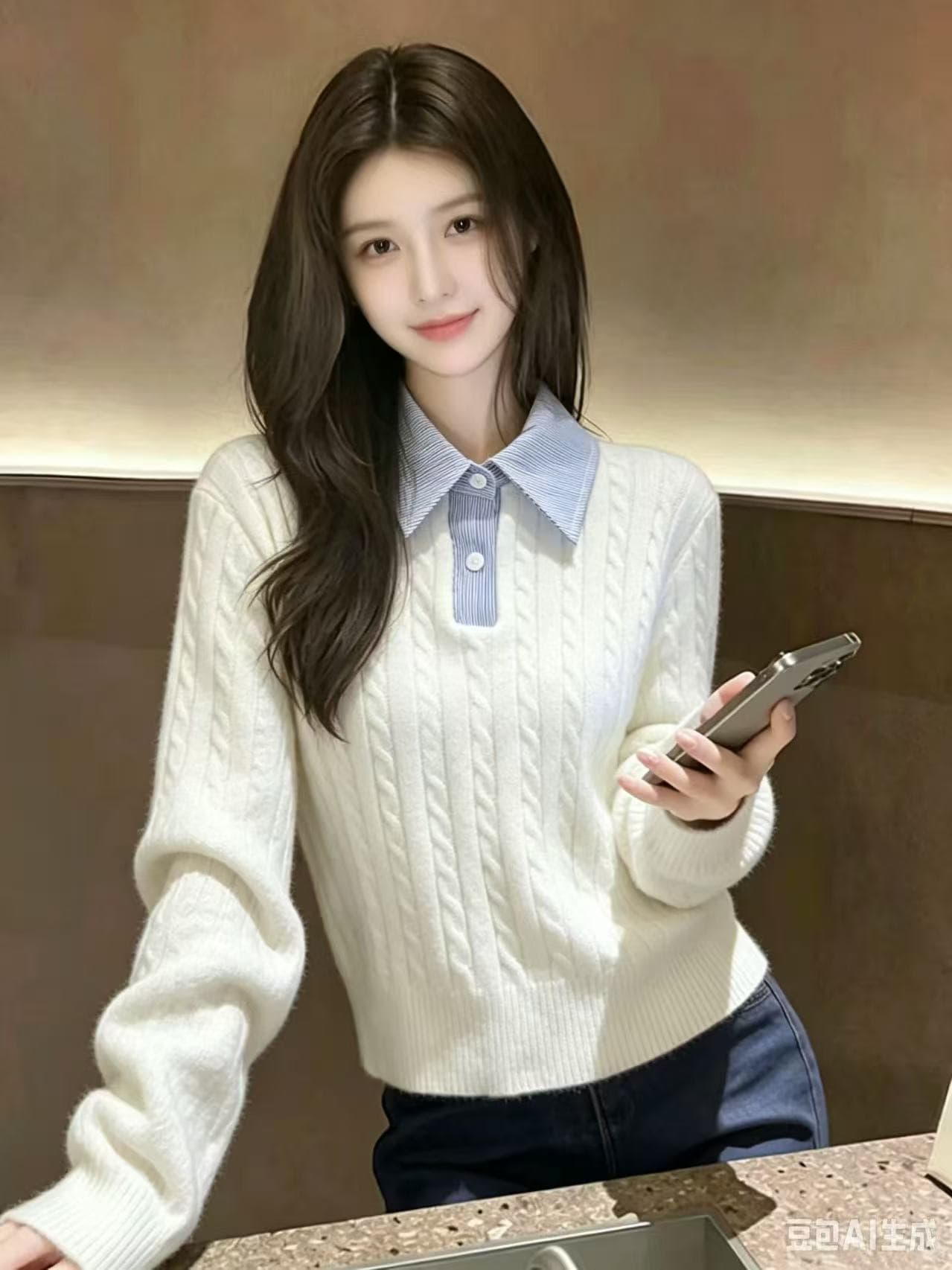레트로 패치워크 페이크 레이어드 스웨터 여자 봄 가을 겨울 쇼트 스타일 루즈핏 디자인 센스 Chic 캐주얼 다용도 기본 셔츠 이미지 2