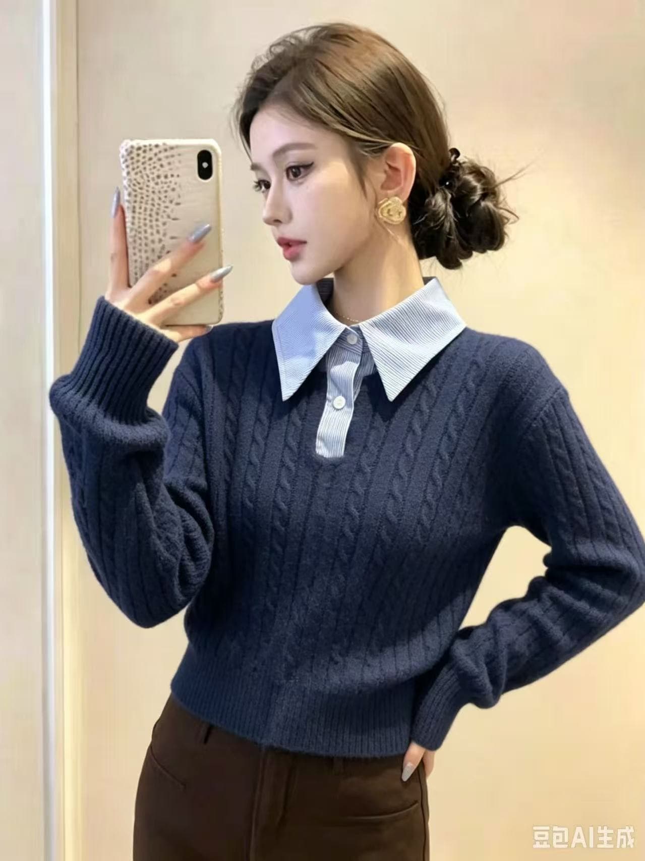 레트로 패치워크 페이크 레이어드 스웨터 여자 봄 가을 겨울 쇼트 스타일 루즈핏 디자인 센스 Chic 캐주얼 다용도 기본 셔츠 이미지 3