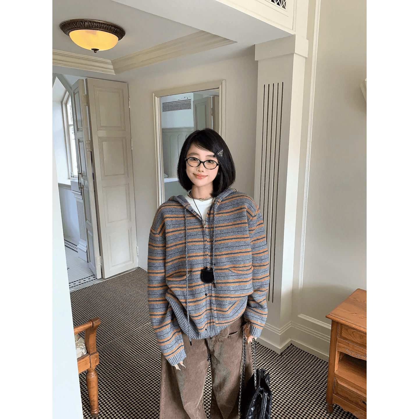 한국 스타일 학원 스타일 레트로 배색 스트라이프 후드 니트 여성 코트 가을 겨울철 새로운 분위기 센스 착용 가져 가라. 재킷 이미지 5